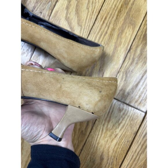 Aeropostale Tan Suede Heels Peep Toe Kitten Heel Fringe Buckle Accent Shoes 6 - Picture 6 of 7